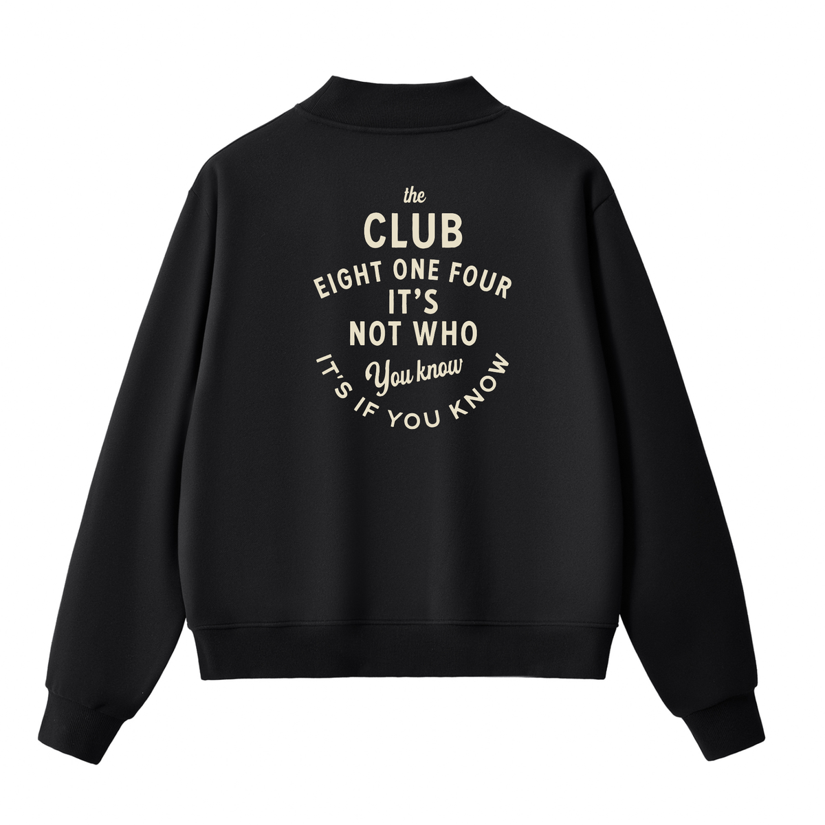Club 814 Member mock neck sweatshirt in black, alternate view.