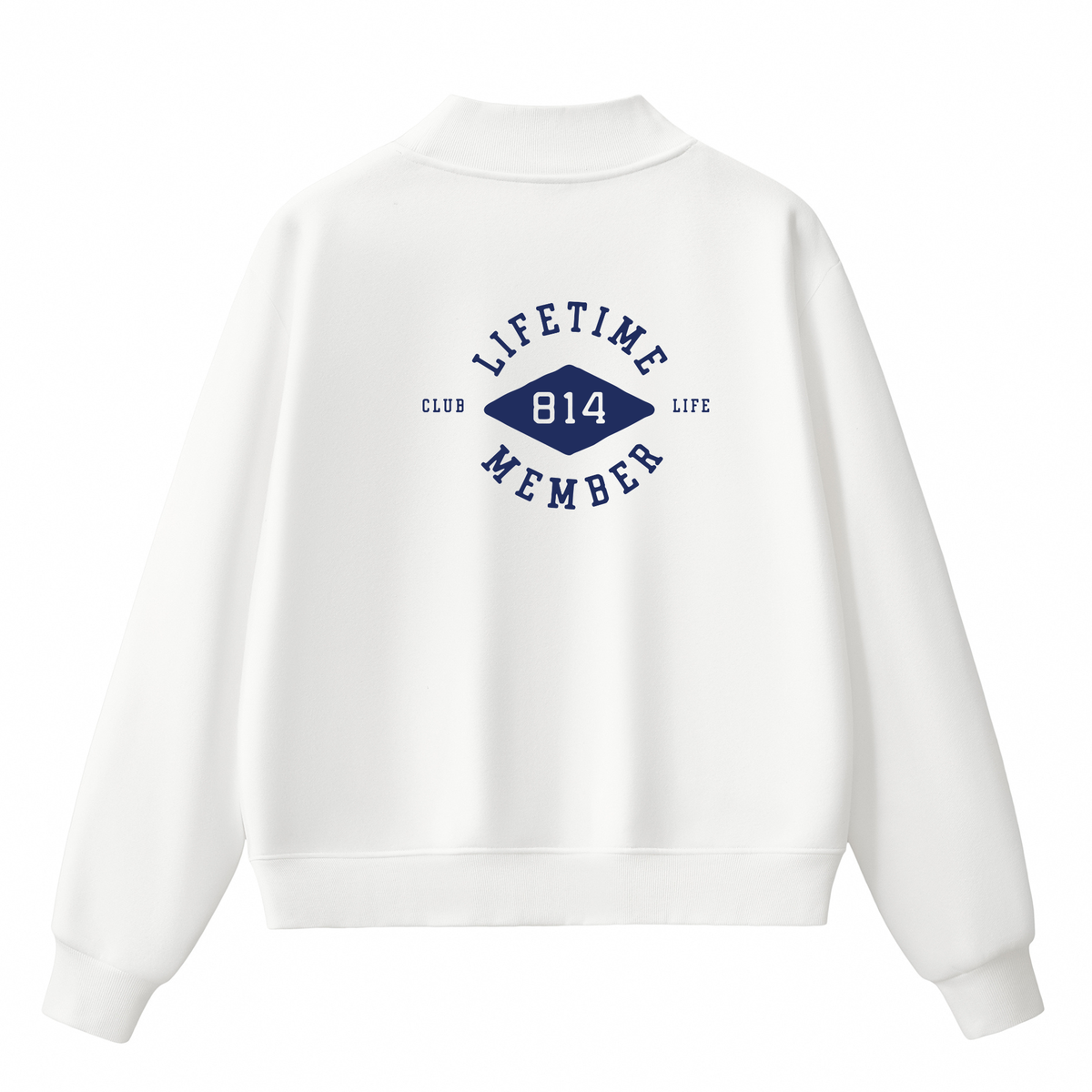 Club 814 Diamond Back mock neck sweatshirt in white, alternate view.