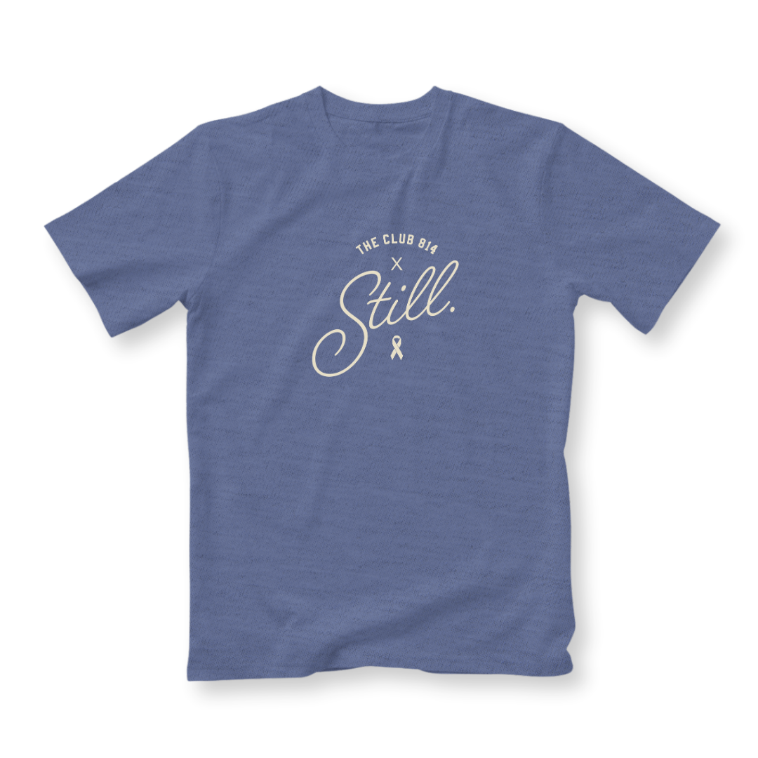 Still x Club 814 triblend tee in blue with bone ink print