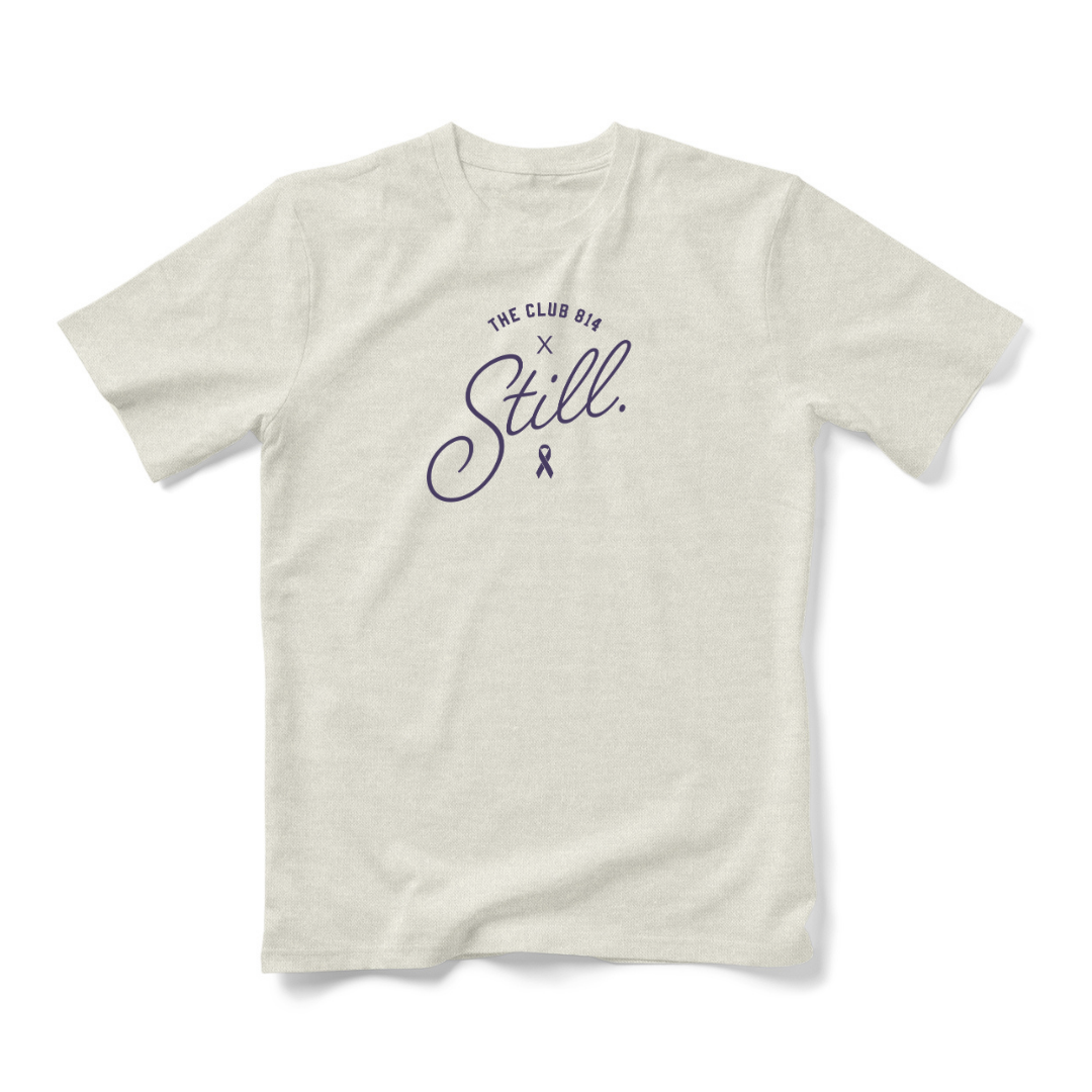 Still x Club 814 triblend tee with plum ink print, detail