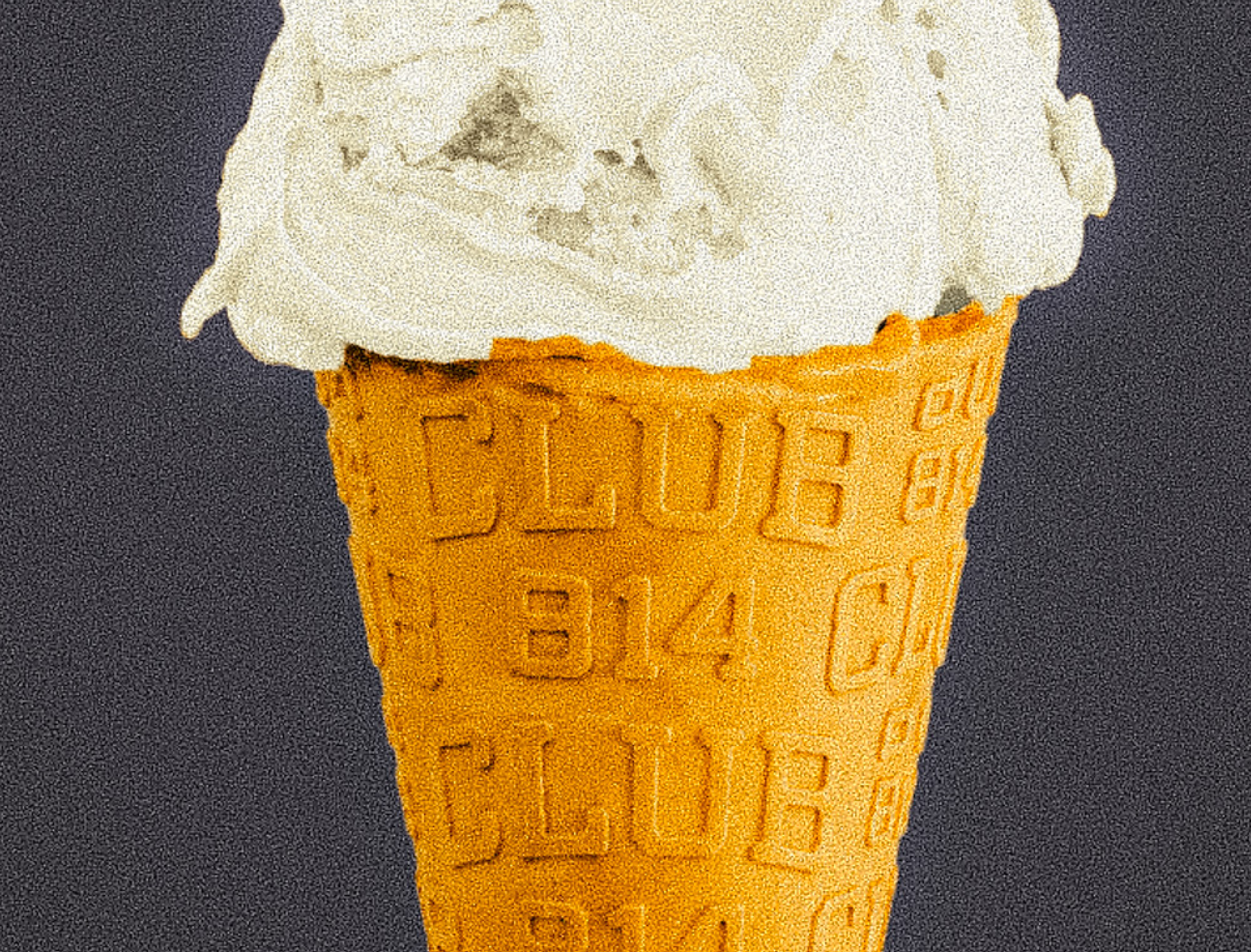 A close-up of a double scoop ice cream cone with creamy off-white ice cream in a waffle cone embossed with the brand name CLUB 814, set against a dark gray background.