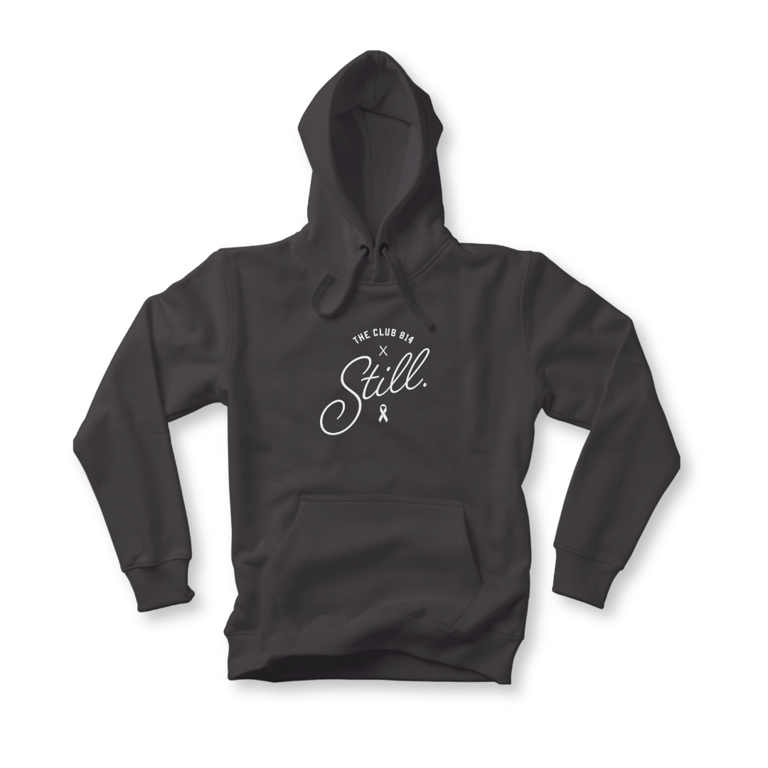 Still heavyweight hoodie in charcoal with white Still print
