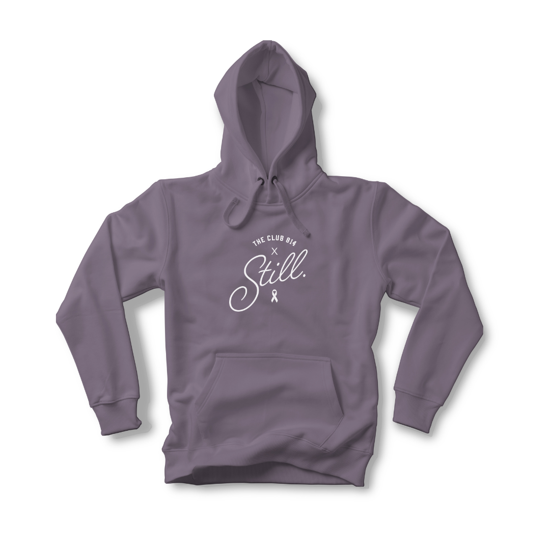 Still heavyweight hoodie in plum with white Still print
