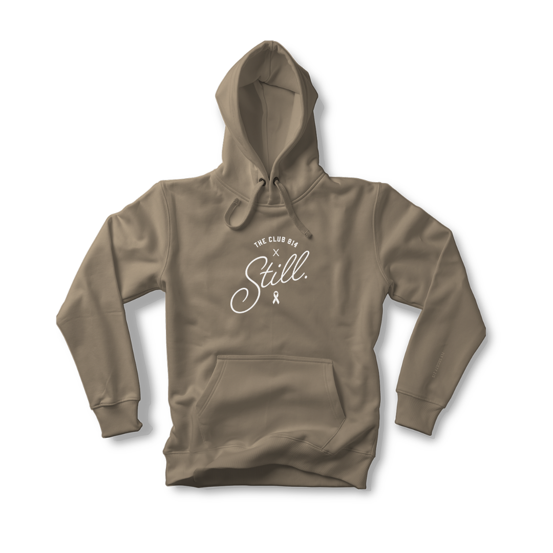 Still heavyweight hoodie in sandstone with white Still print