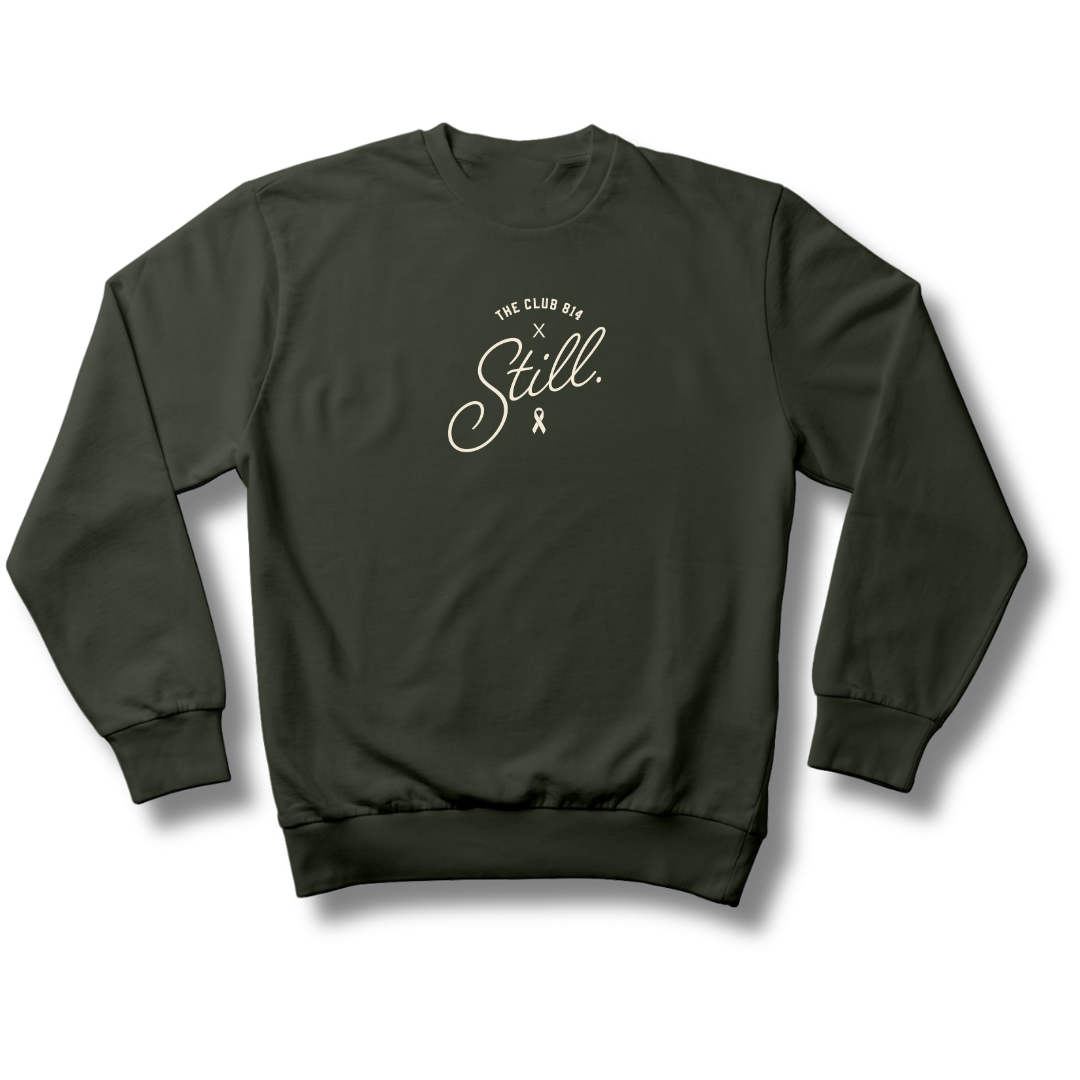 Still heavyweight crewneck in army with white Still print