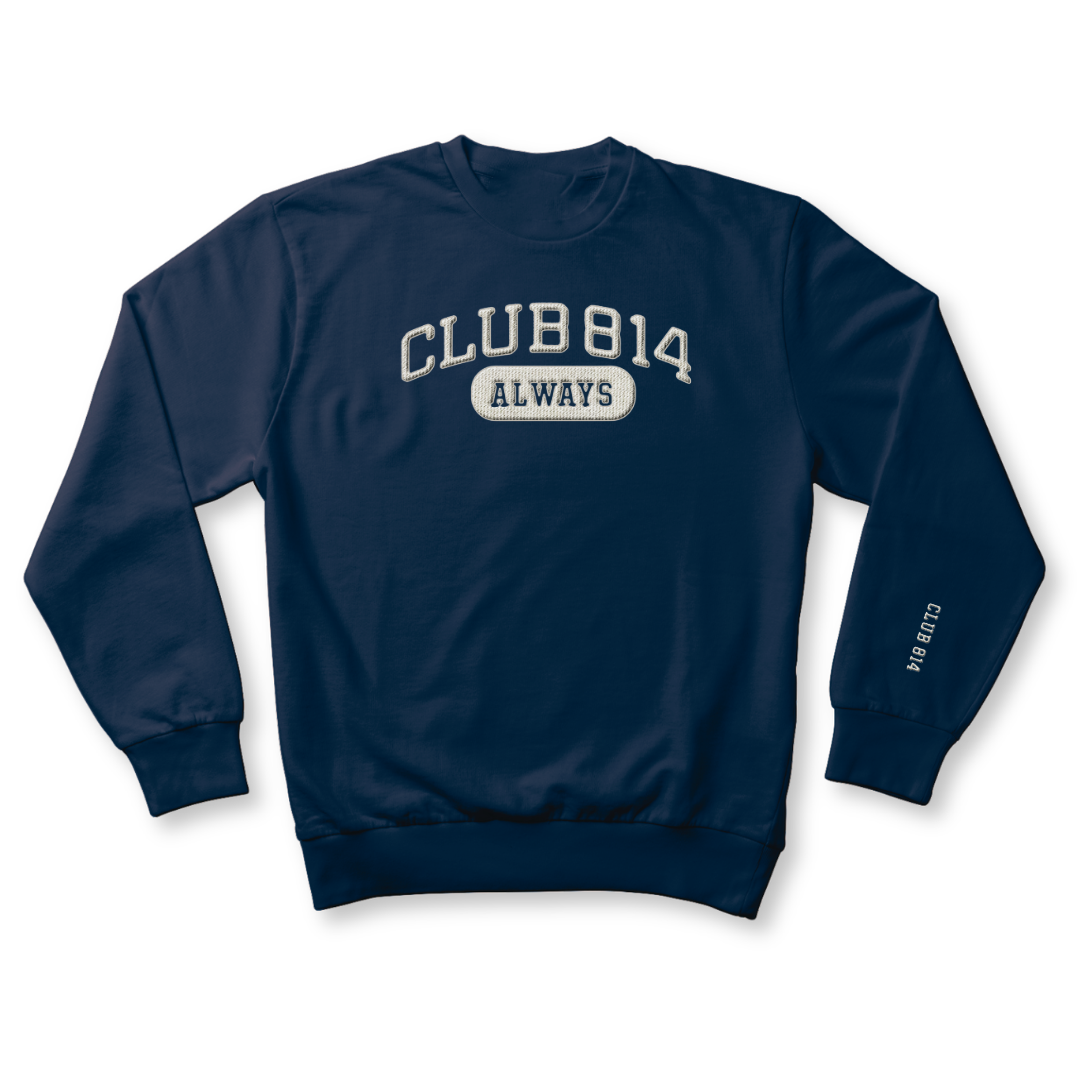 Club 814 heavyweight crewneck in royal blue with a faux-chenille 814 Always patch.