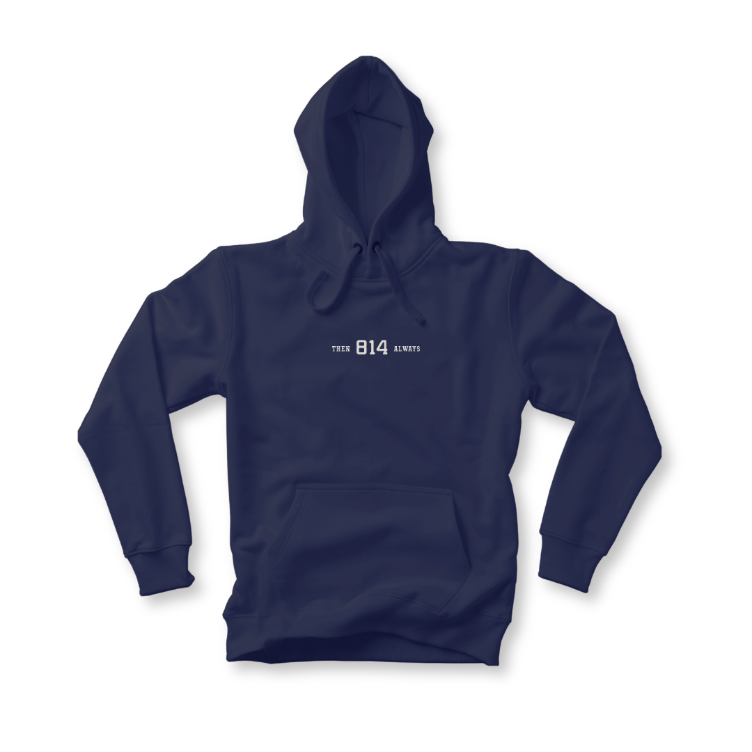 Club 814 heavyweight hoodie in navy with the Then/Always 814 graphic.