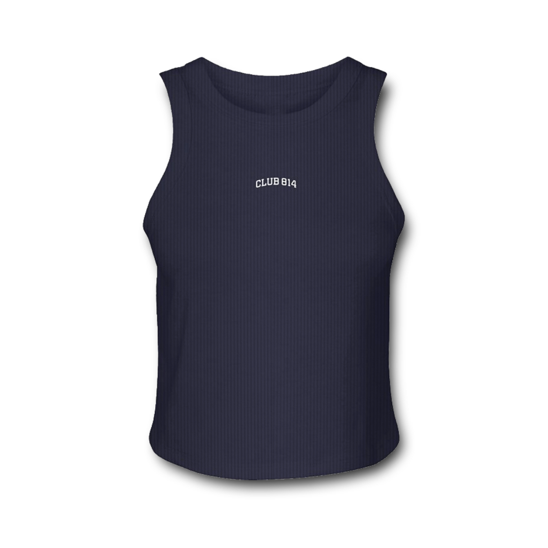 Embroidered MIcro-Rib Racer Back Tank Navy