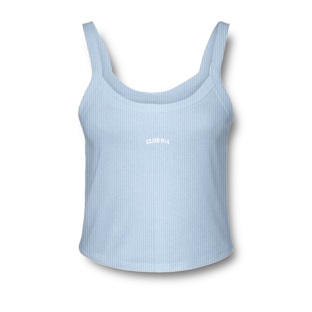 White Embroidery Micro Rib Spaghetti Strap Tank
