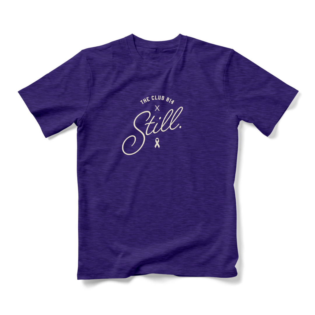 Still x Club 814 triblend tee in heather purple with bone ink print