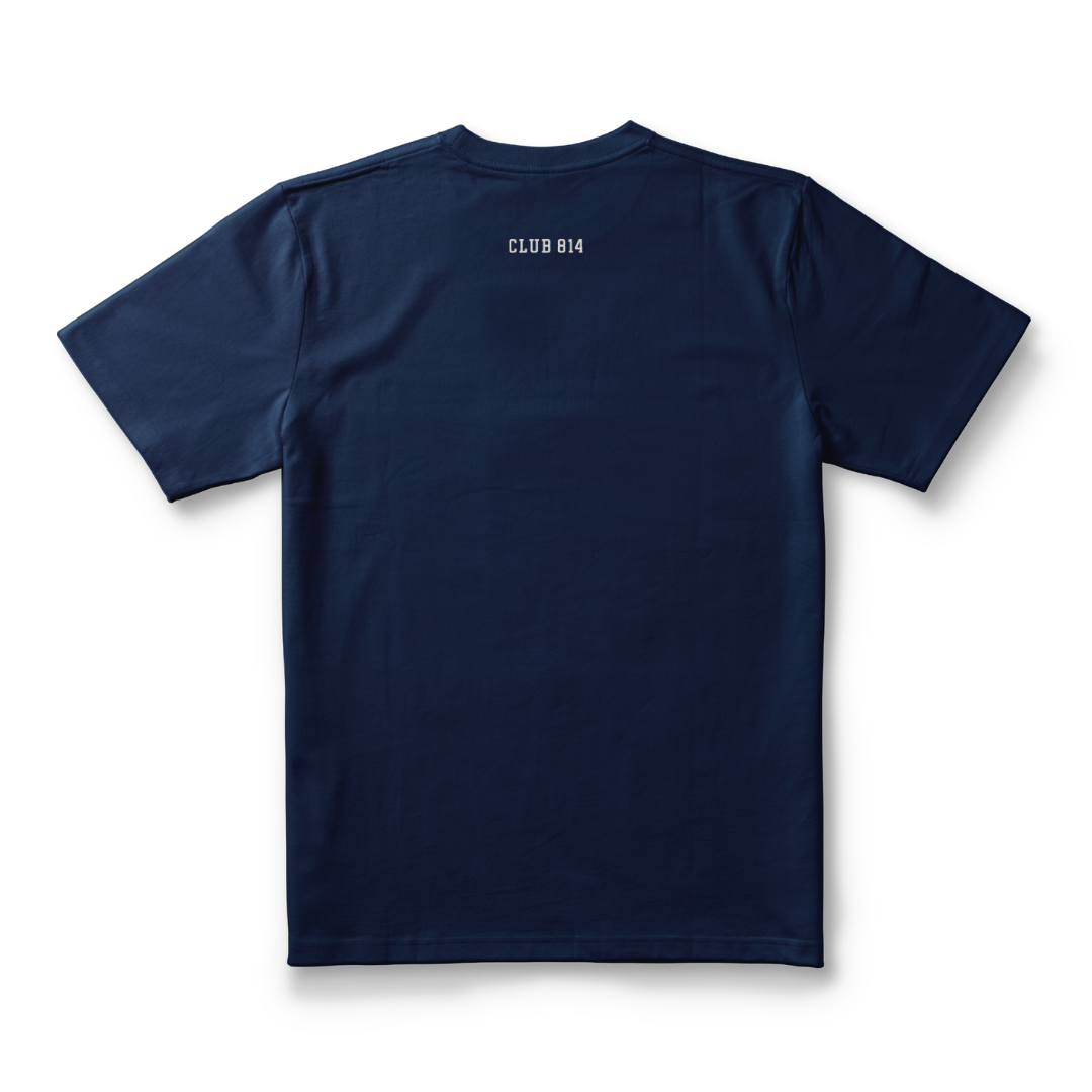Club 814 Supima tee in navy, back view.