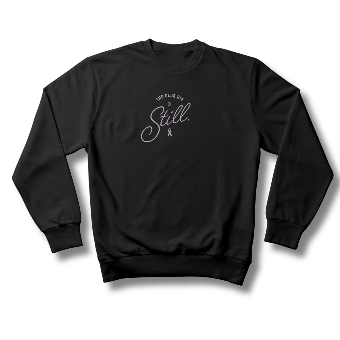 Still heavyweight crewneck in black with lilac Still print, alternate view