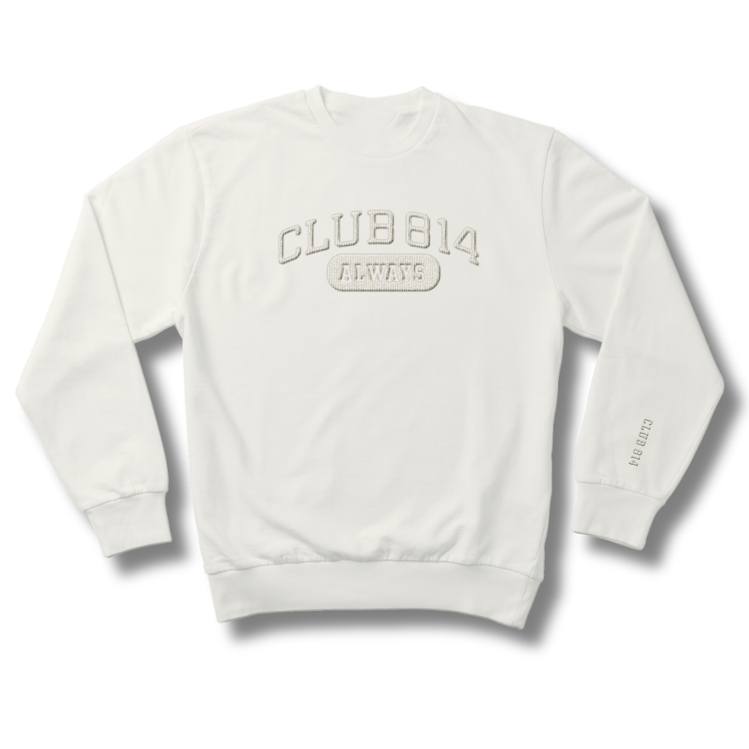 Club 814 heavyweight crewneck in ivory with a faux-chenille 814 Always patch.