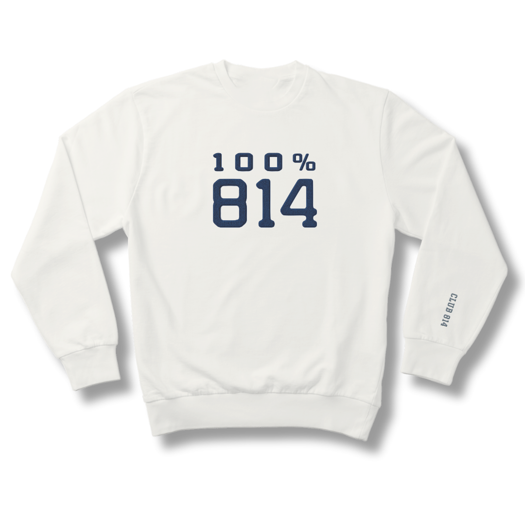Club 814 heavyweight crewneck in ivory with a faux-chenille 100% 814 patch.
