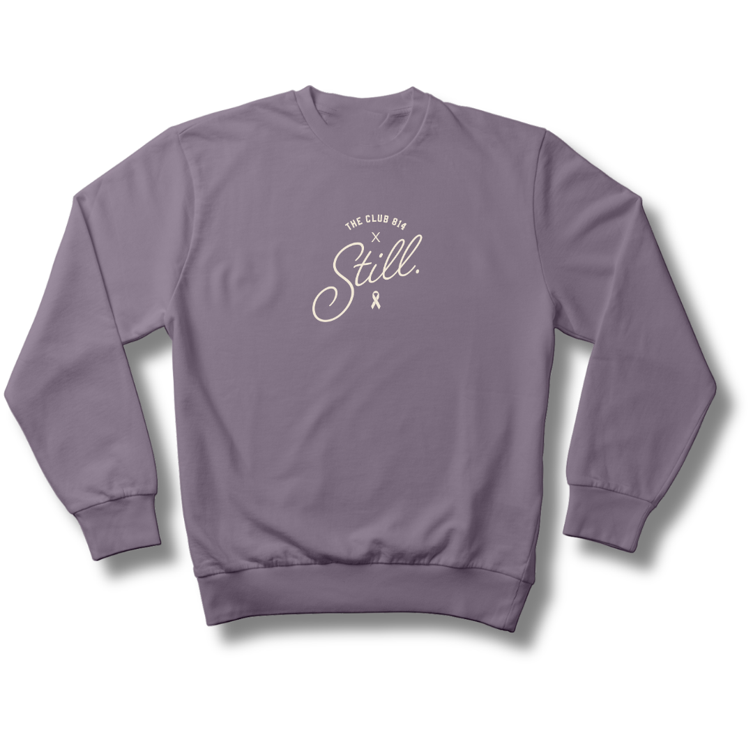 Still heavyweight crewneck in plum with white Still print