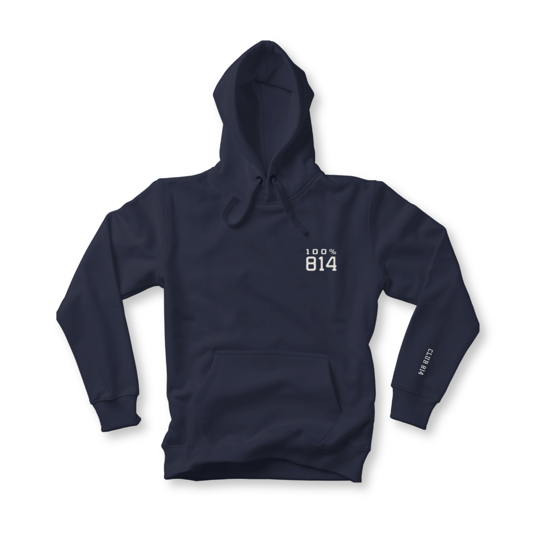 Club 814 heavyweight hoodie in navy with the 100% Club 814 graphic.
