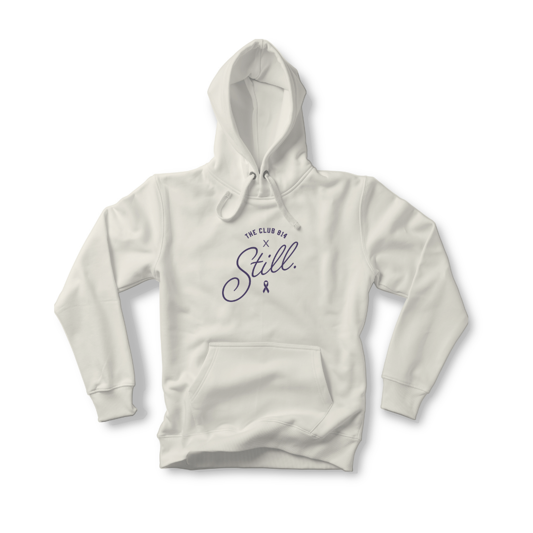 Still heavyweight hoodie in bone with plum Still print