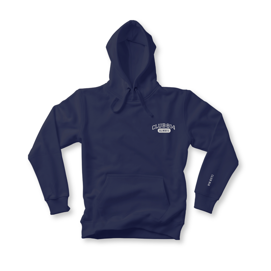 Club 814 heavyweight hoodie in navy with 814 Always embroidery.