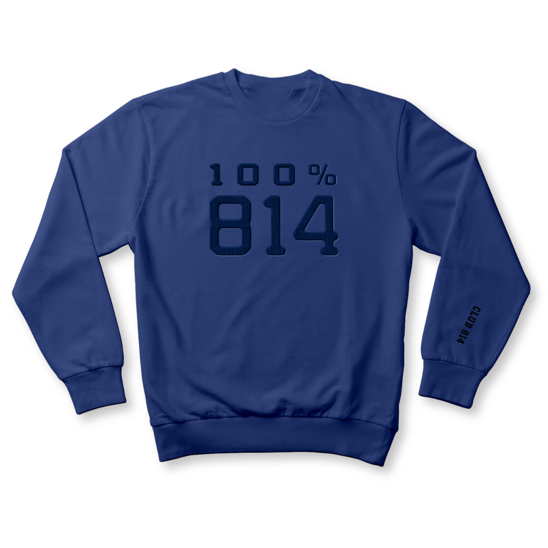 Club 814 heavyweight crewneck in royal blue with a faux-chenille 100% 814 patch.