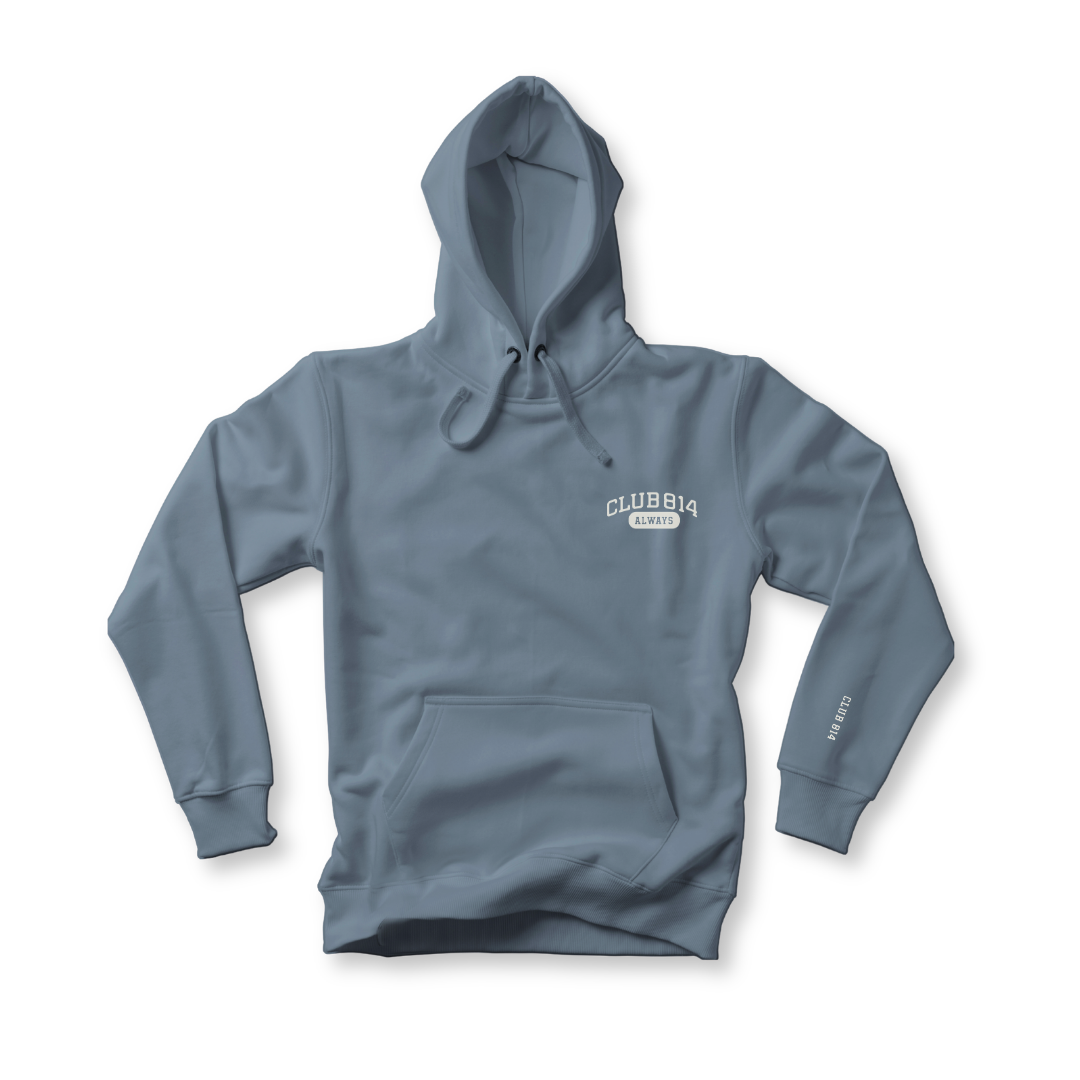 Club 814 heavyweight hoodie in storm blue with 814 Always embroidery.