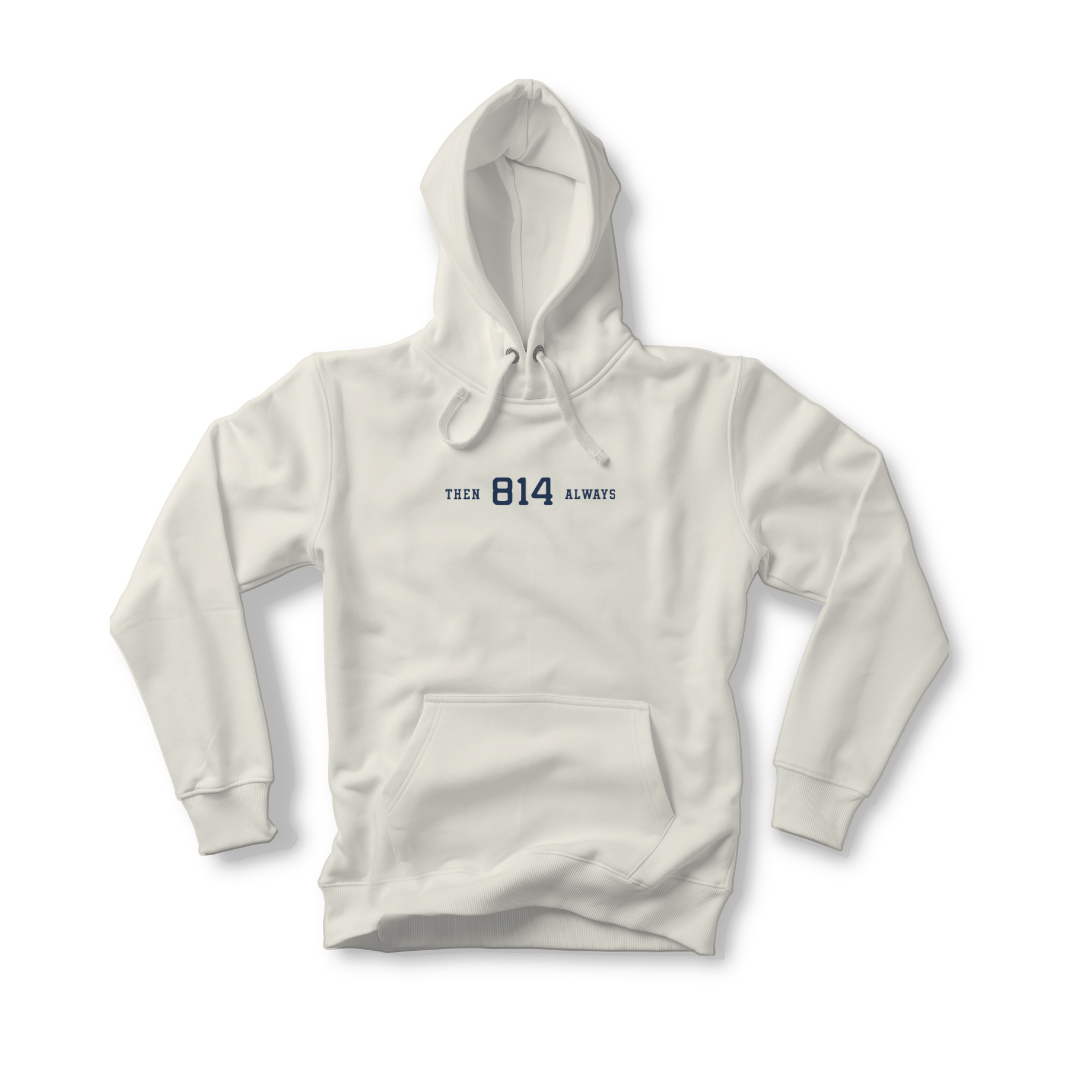 Club 814 heavyweight hoodie in bone with the Then/Always 814 graphic.