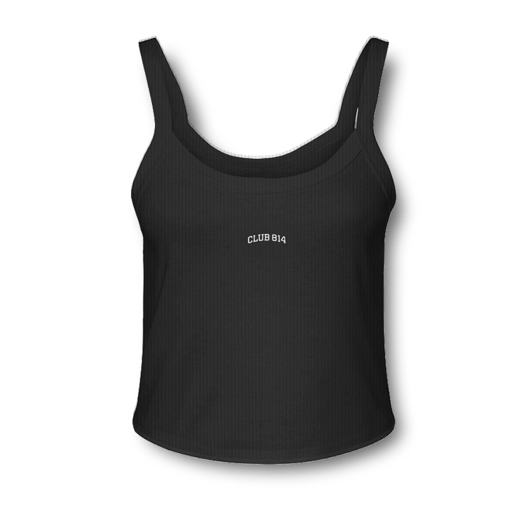 White Embroidery Micro Rib Spaghetti Strap Tank / Black