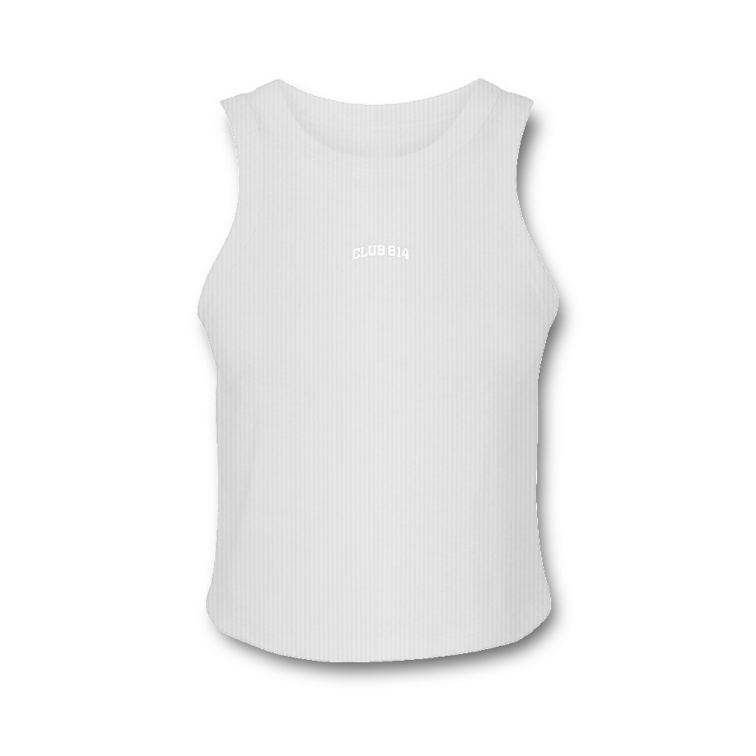 Embroidered MIcro-Rib Racer Back Tank White on White